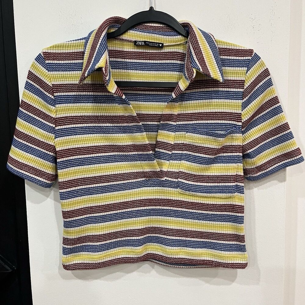 Zara Multicolor Striped Collared Knit Crop Top Size Small Retro Kidcore - Picture 3 of 5